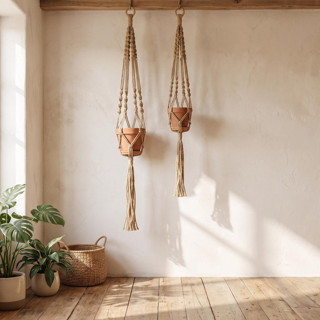 Two Rema hangers holding planters at different heights in a bright corner