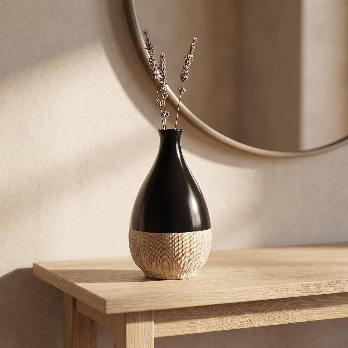 Terra vase on a console holding two dried lavender stems