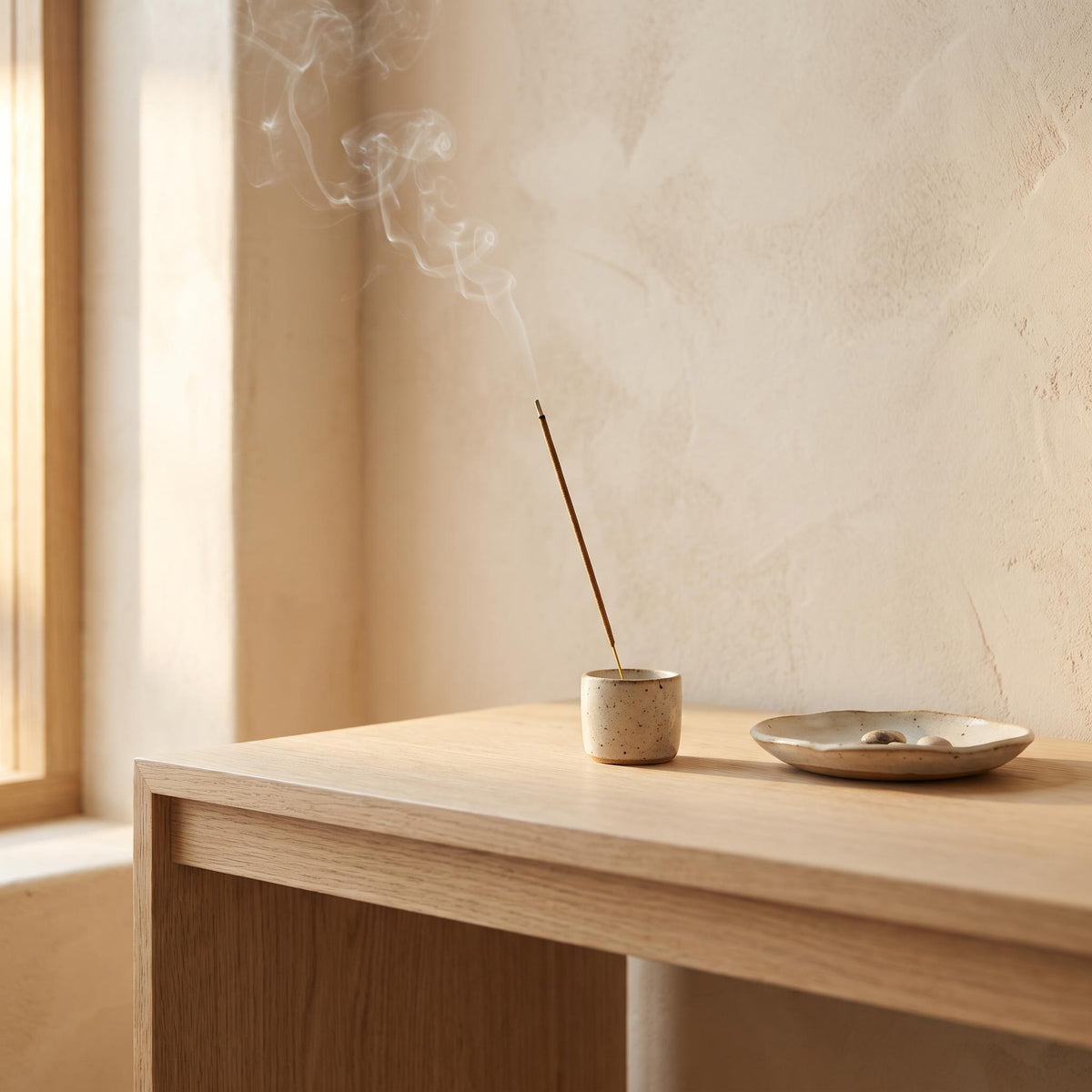 A Sandal incense stick burning in a ceramic holder on a console, smoke rising in afternoon light