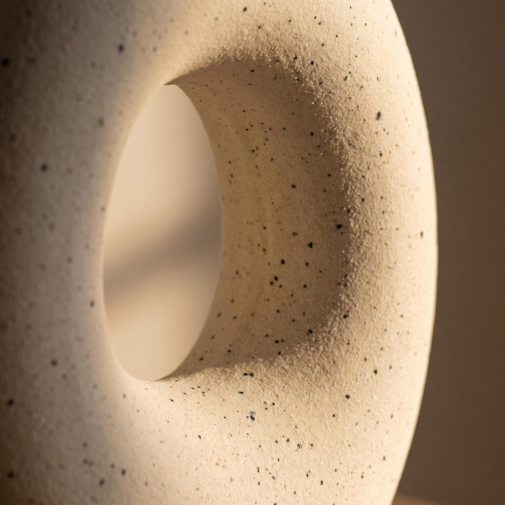 Close-up of the speckled ivory ceramic around the central opening of the Alburo vase