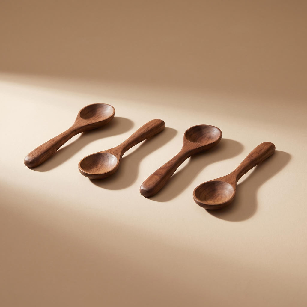 Cuchar small turned wooden spoons laid out in a row on a warm neutral background