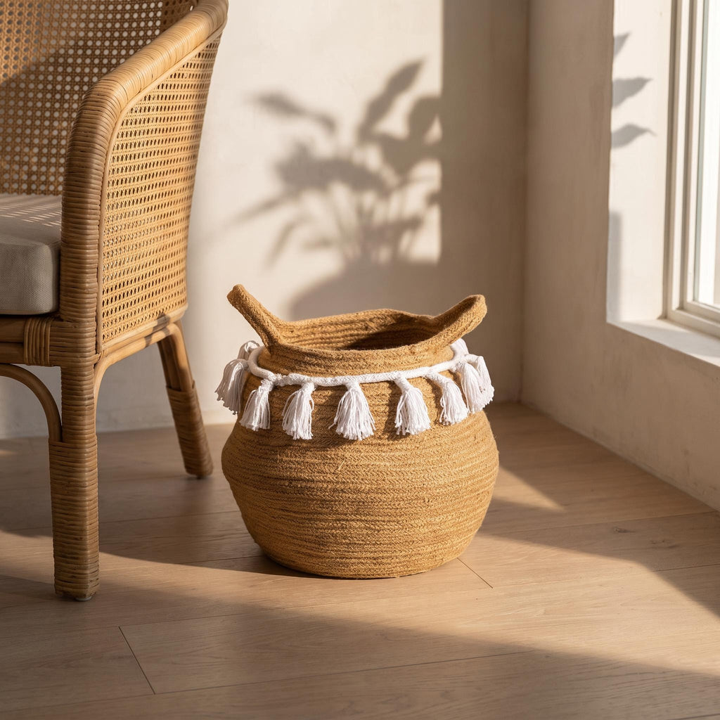 Ombela basket beside a cane armchair in warm afternoon light