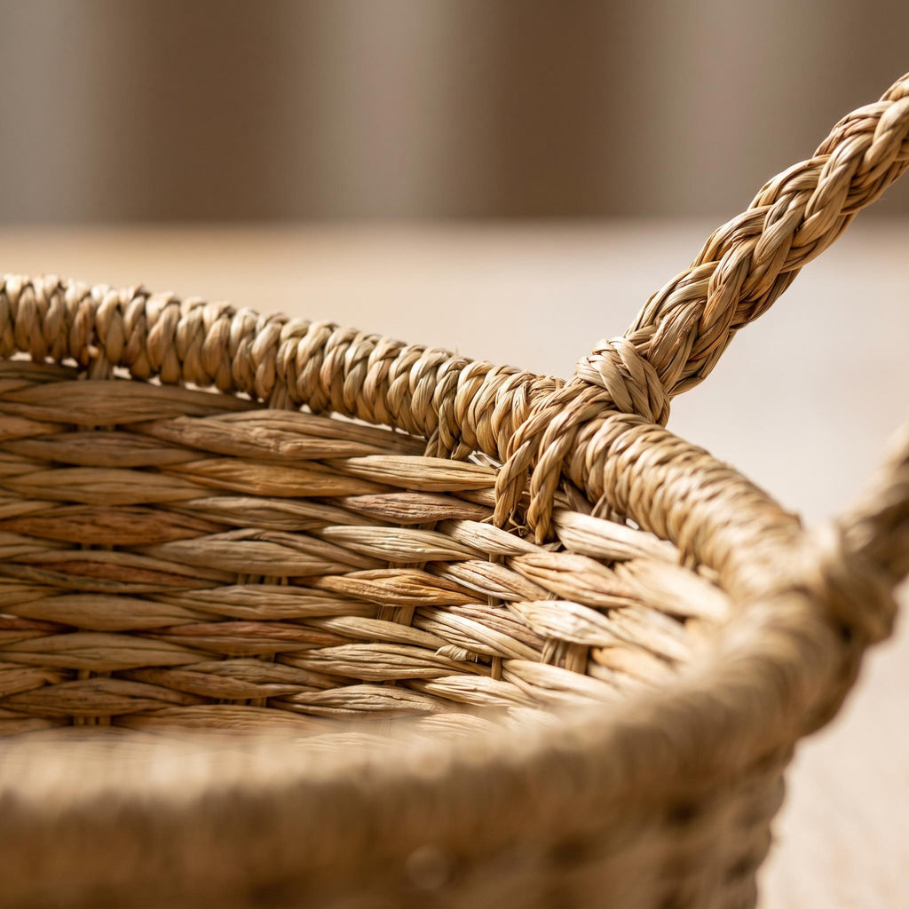 Close-up of the woven seagrass rim and handle of the Marea basket