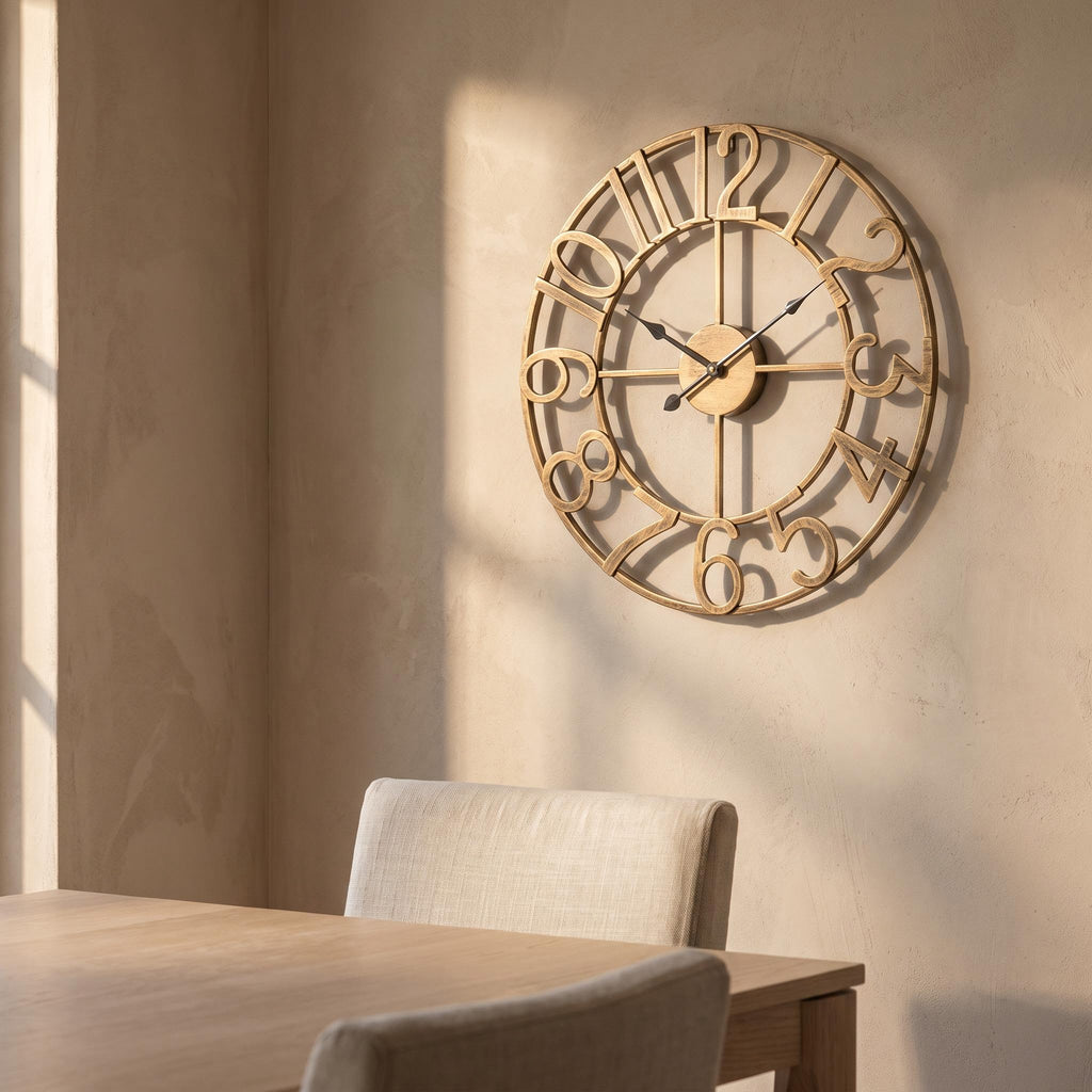 Lunea clock on a plaster wall with afternoon light casting the shadow of its frame