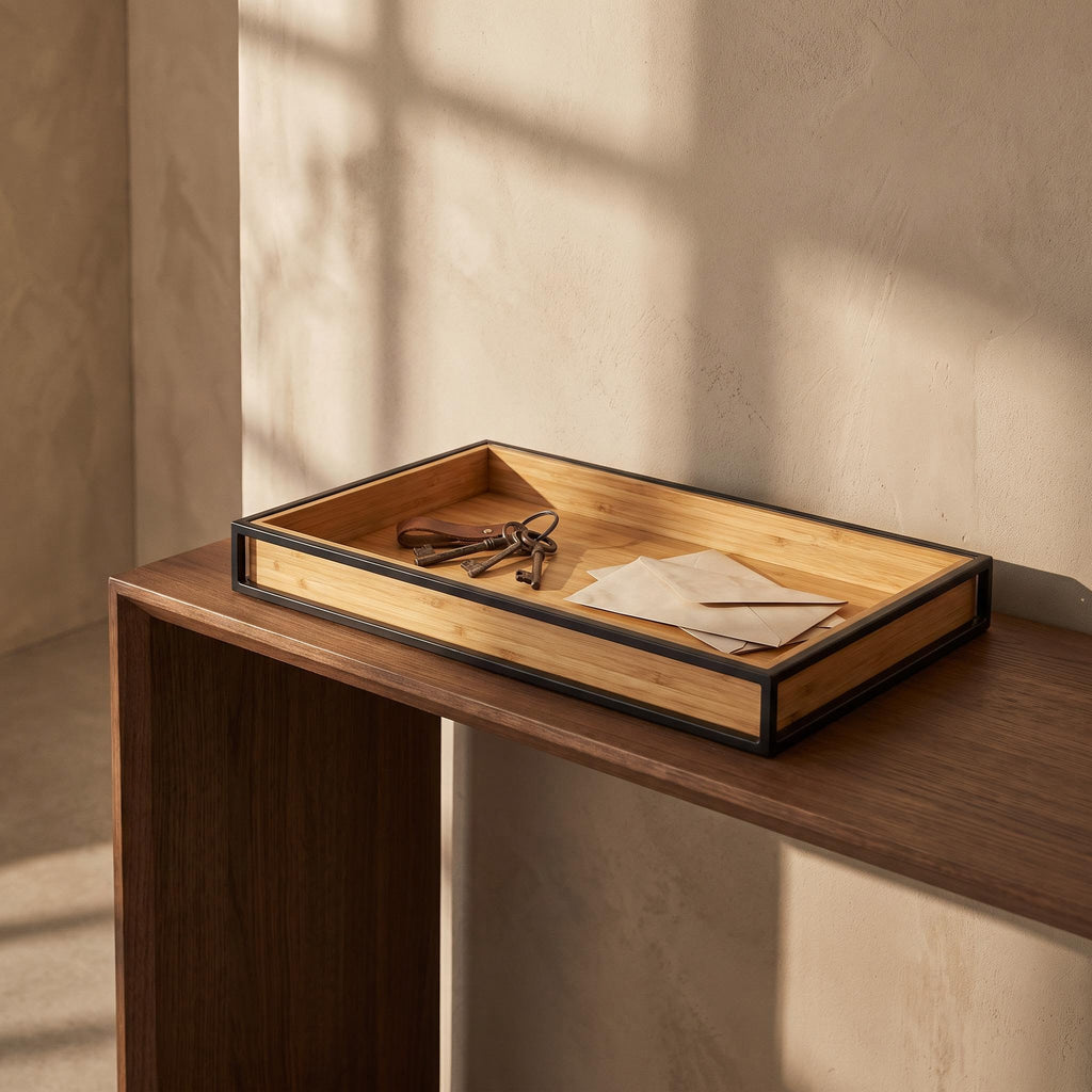 Sável tray on an entry console holding keys and letters in afternoon light