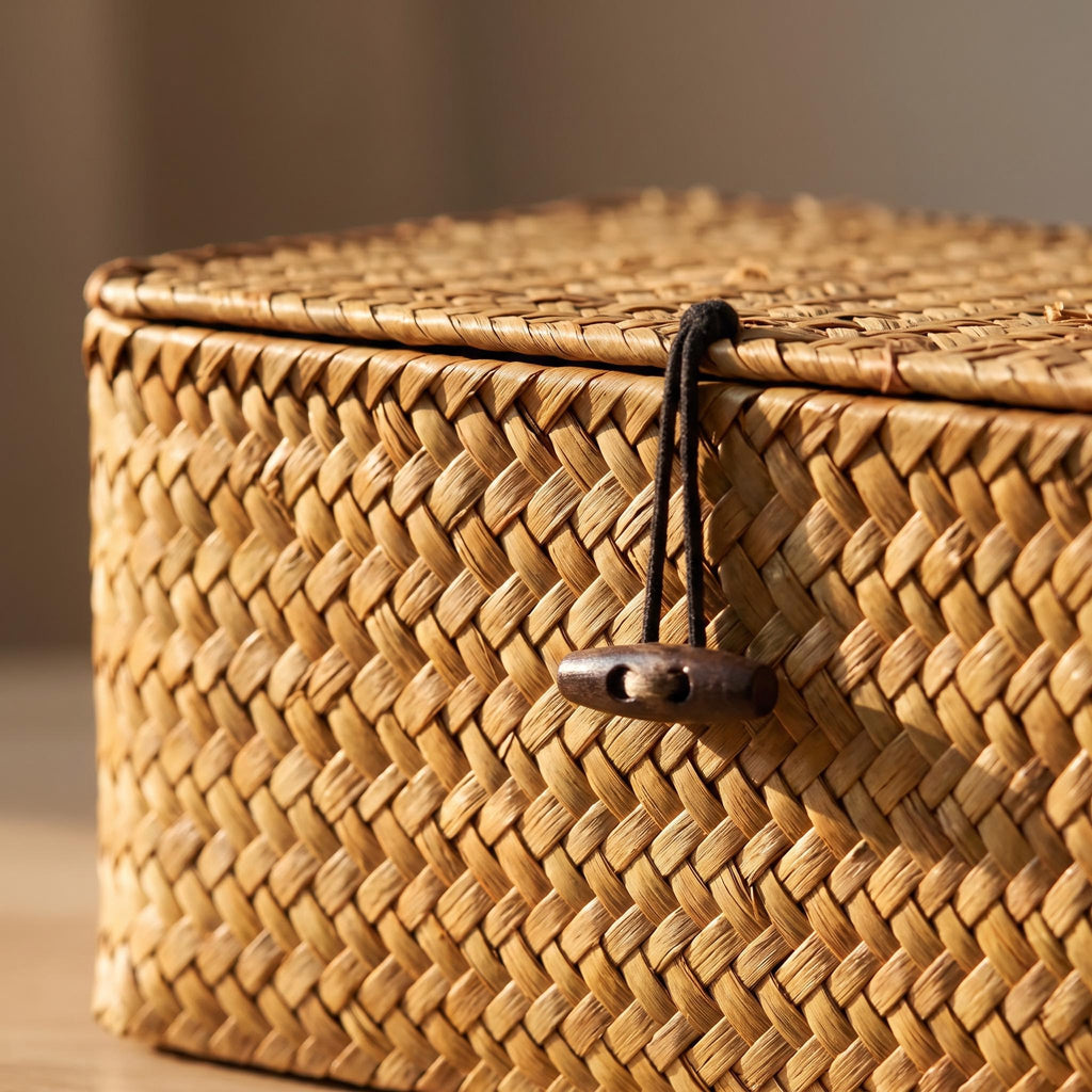 Close-up of the woven seagrass and the toggle closure of the Ostria basket