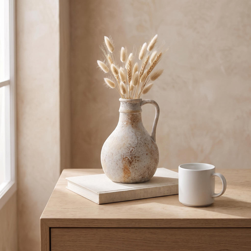 Anfo jug next to a coffee mug and a book to show its real size