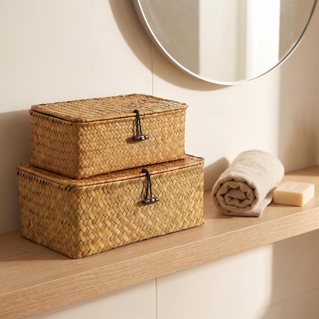 Ostria baskets side by side on a bathroom shelf with a rolled towel