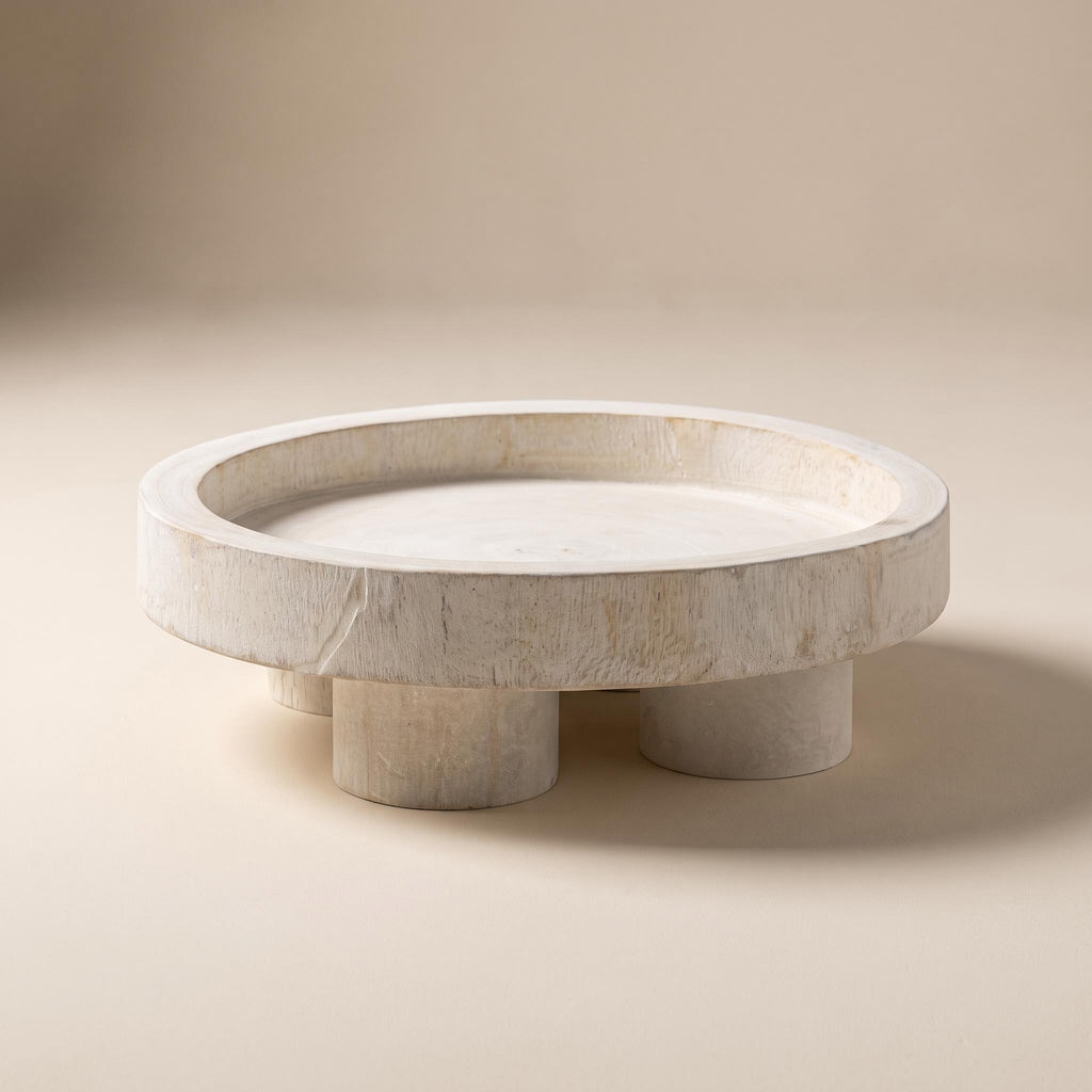 Nuko whitewashed paulownia pedestal tray, empty, on a warm neutral background