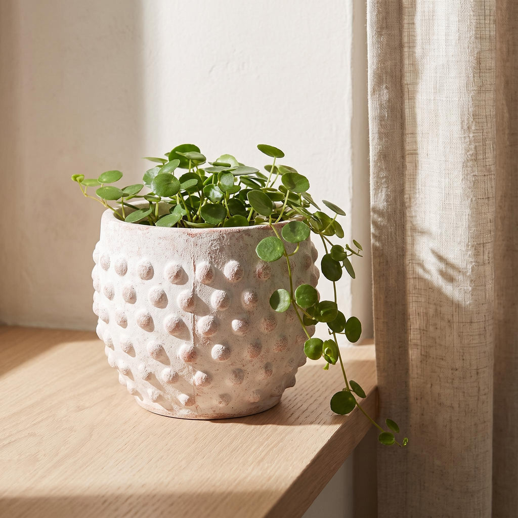 Brumel planter on a windowsill holding a trailing pilea