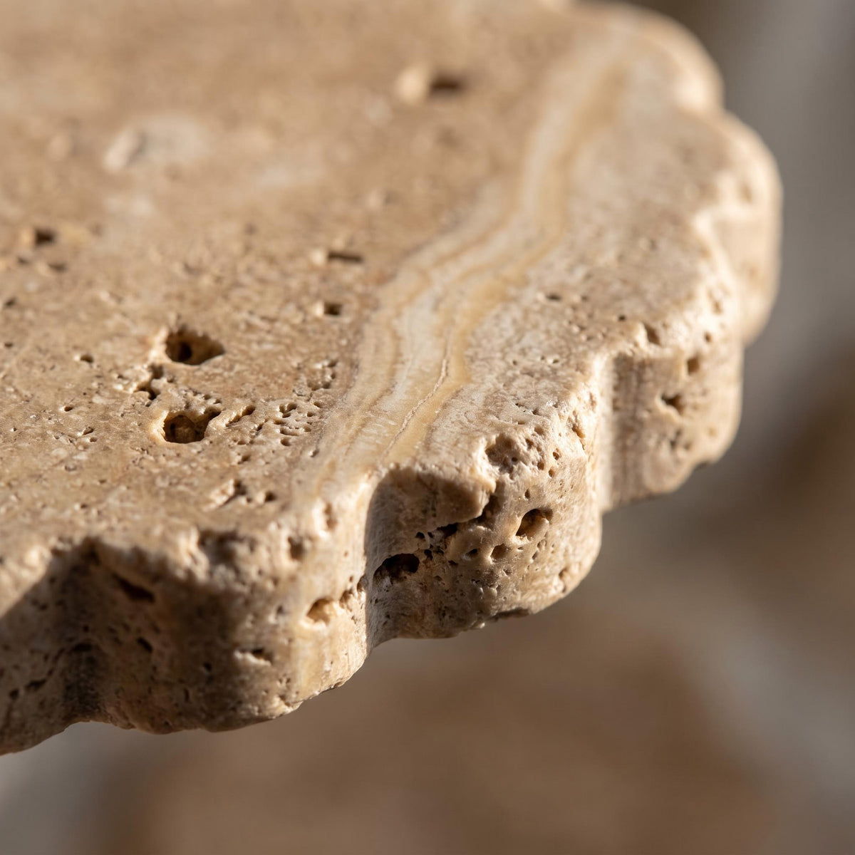 Close-up of the pitting and mineral veining of the unsealed travertine coaster