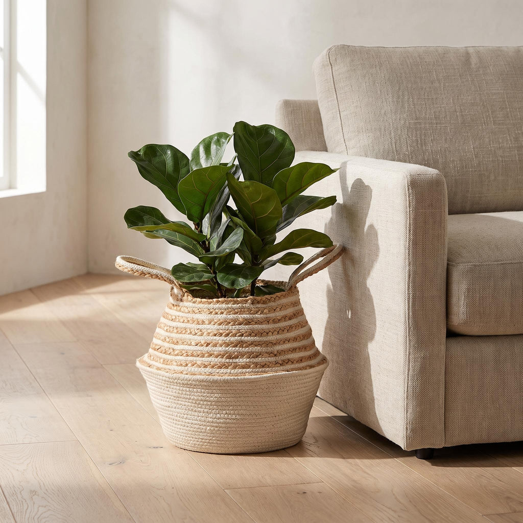 Nubrel woven jute and cotton basket holding a fiddle leaf fig beside a linen sofa