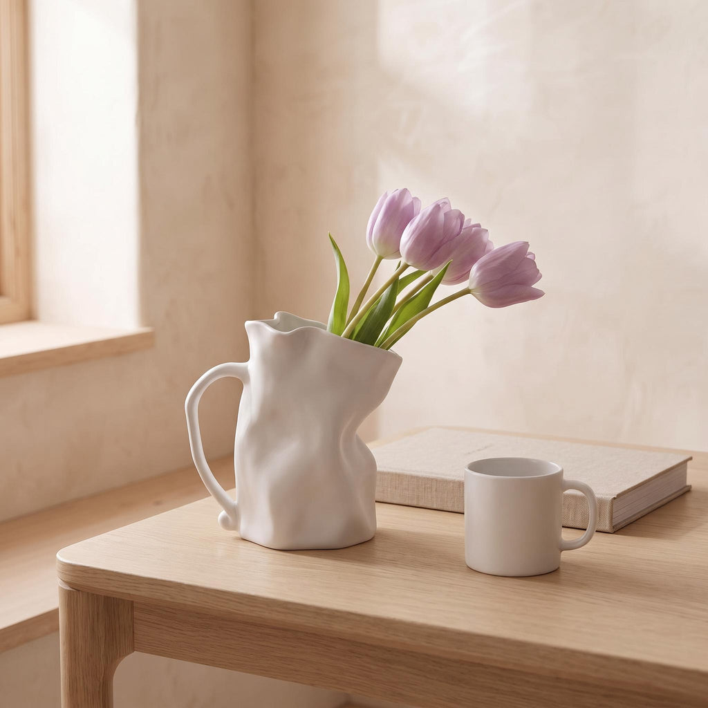 Plica jug next to a coffee mug and a book to show its real size