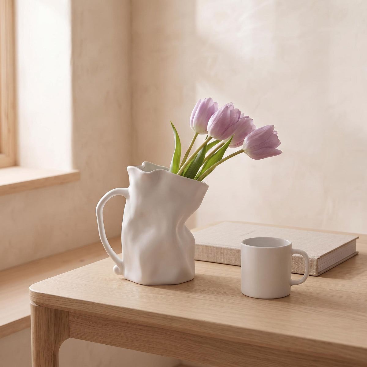Plica jug next to a coffee mug and a book to show its real size
