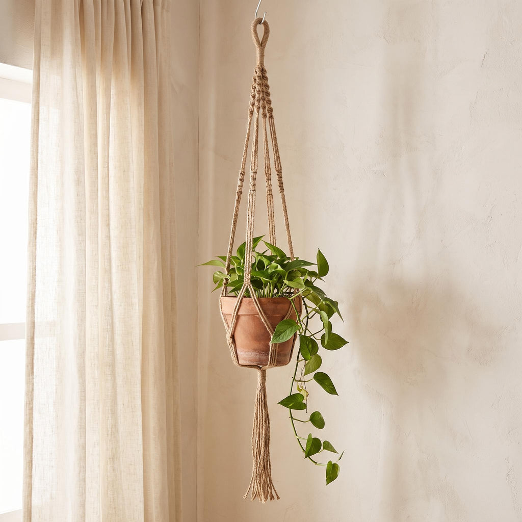 Rema hanger holding a terracotta planter at eye level beside a window