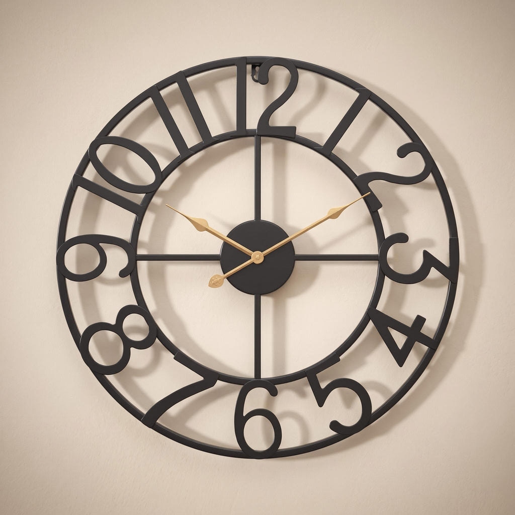 Lunea wall clock in black with gold hands on a warm neutral wall