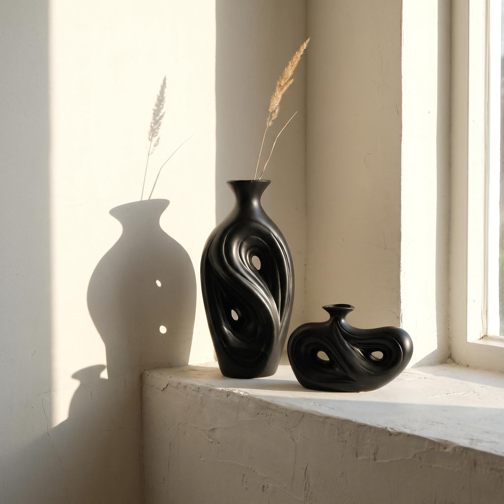Umbra tall and low black ceramic vases casting shadows by a window