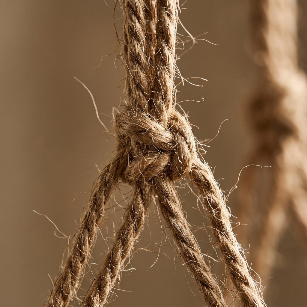 Close-up of a hand-tied knot in the plied jute rope of the Rema hanger