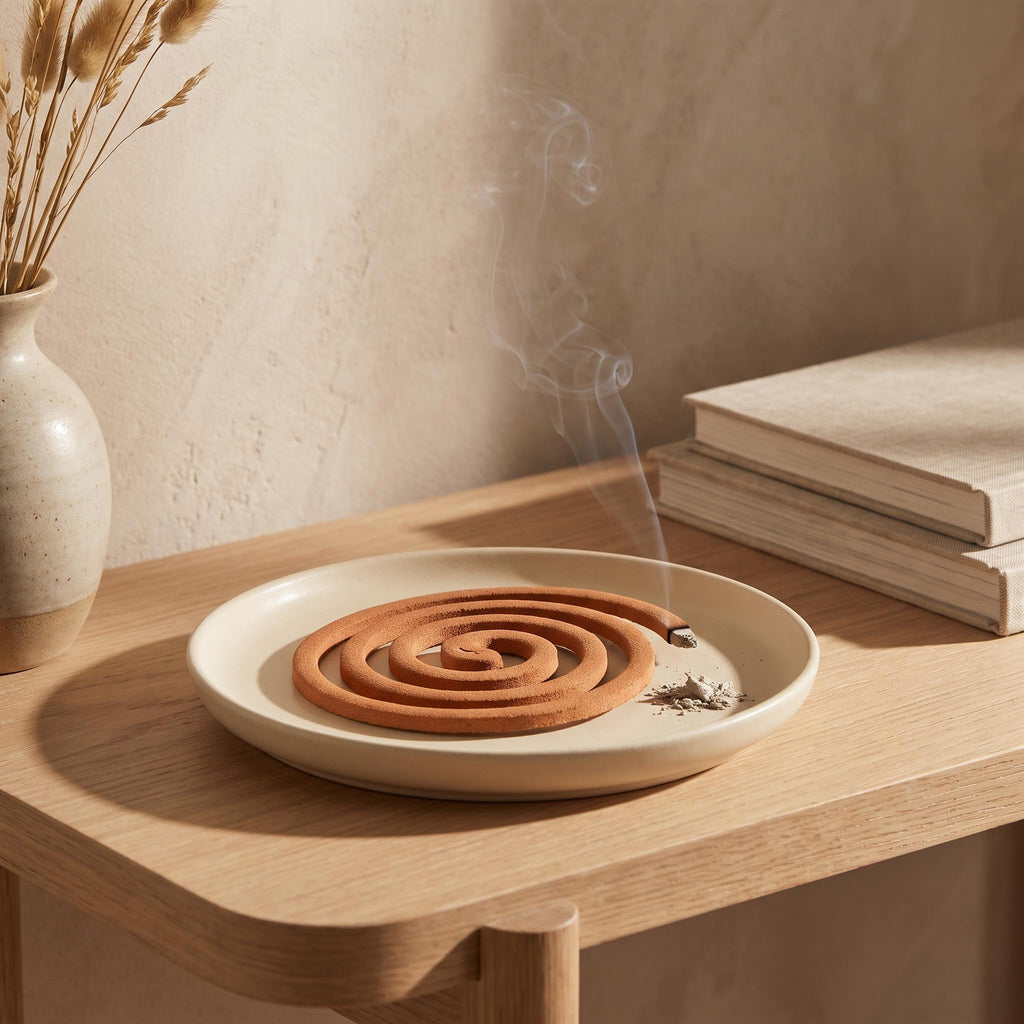 Espiral coil burning on a ceramic dish on a console, smoke rising in afternoon light