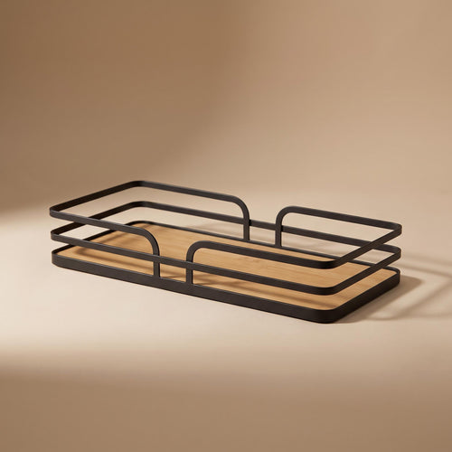 Sável open black wire tray with a bamboo board base, empty, on a warm neutral background