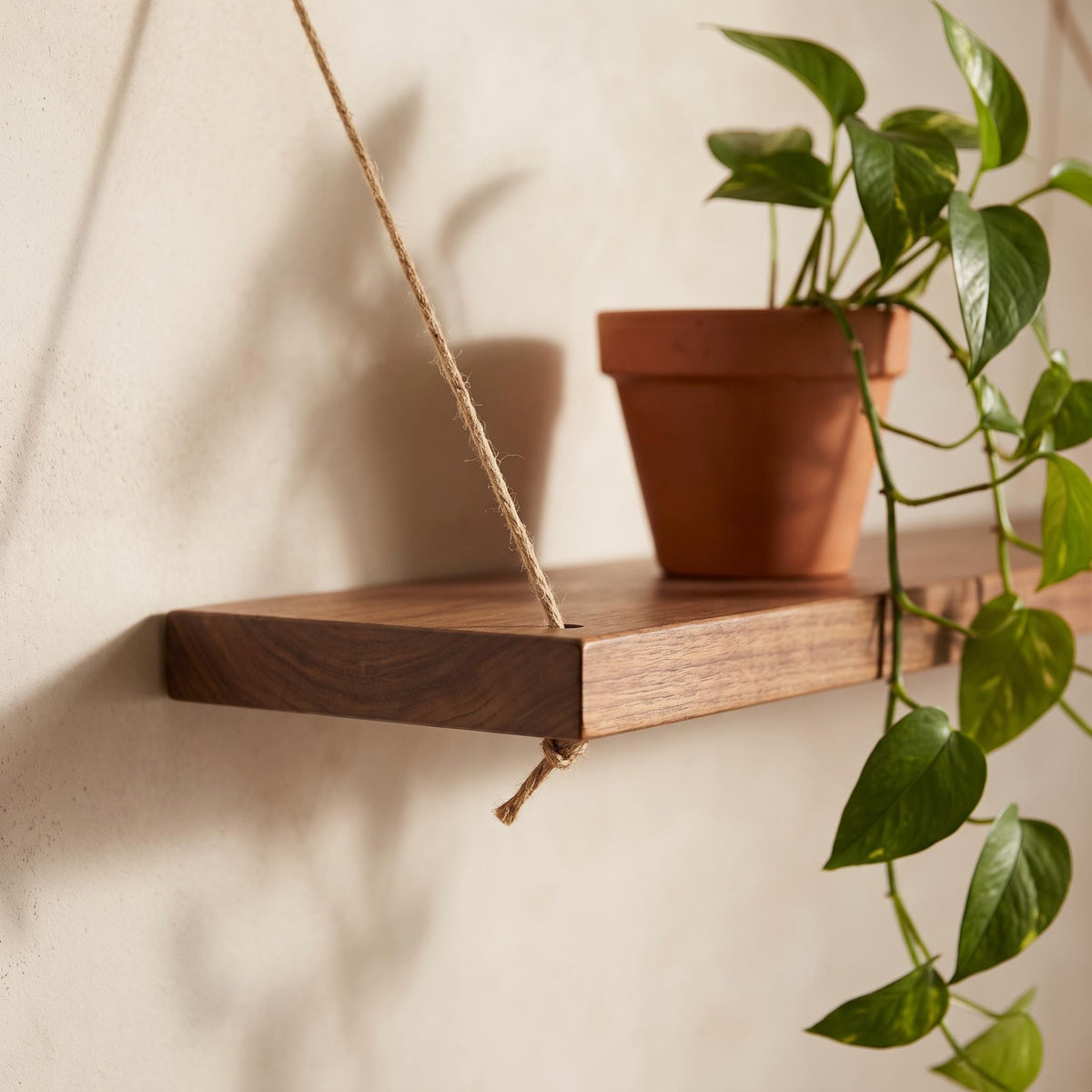 Detalle de la cuerda y la tabla de nogal de la balda colgante Vaivé