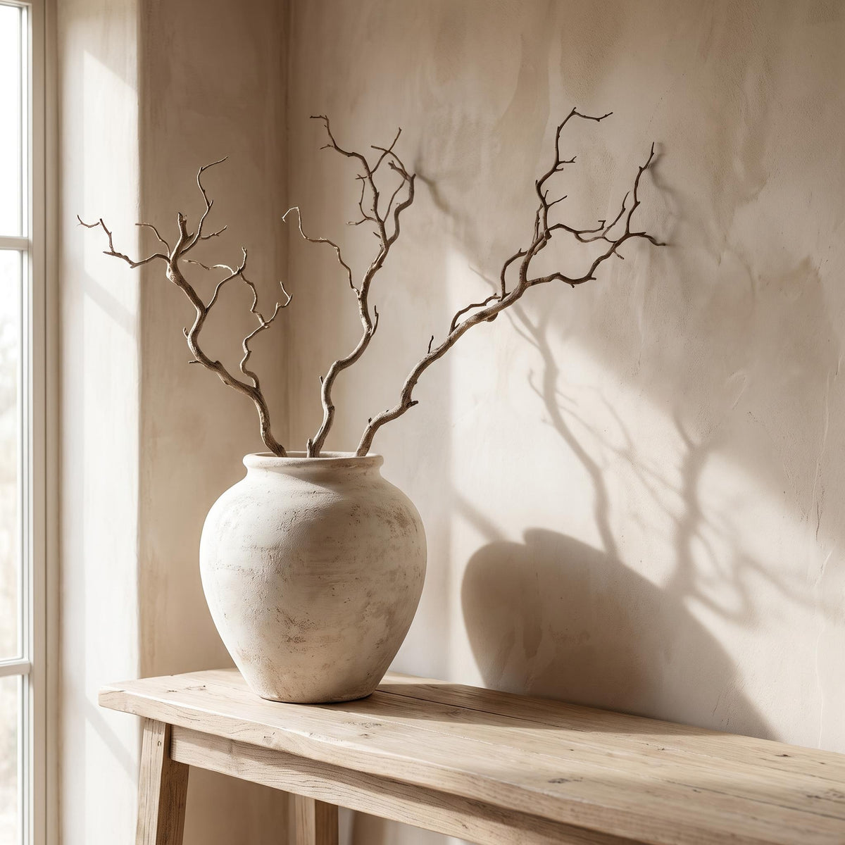 Bianca vase on a pale oak console holding bare dried branches