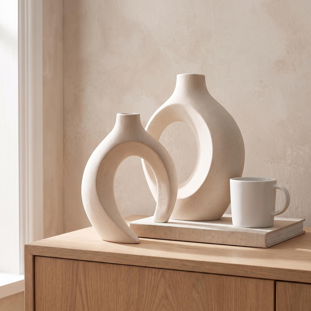 Lazo vase set next to a coffee mug and a book to show its real size