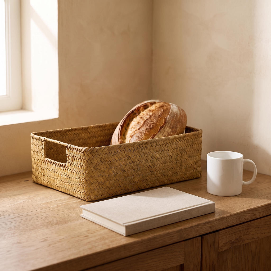 Junca basket next to a coffee mug and a book to show its real size