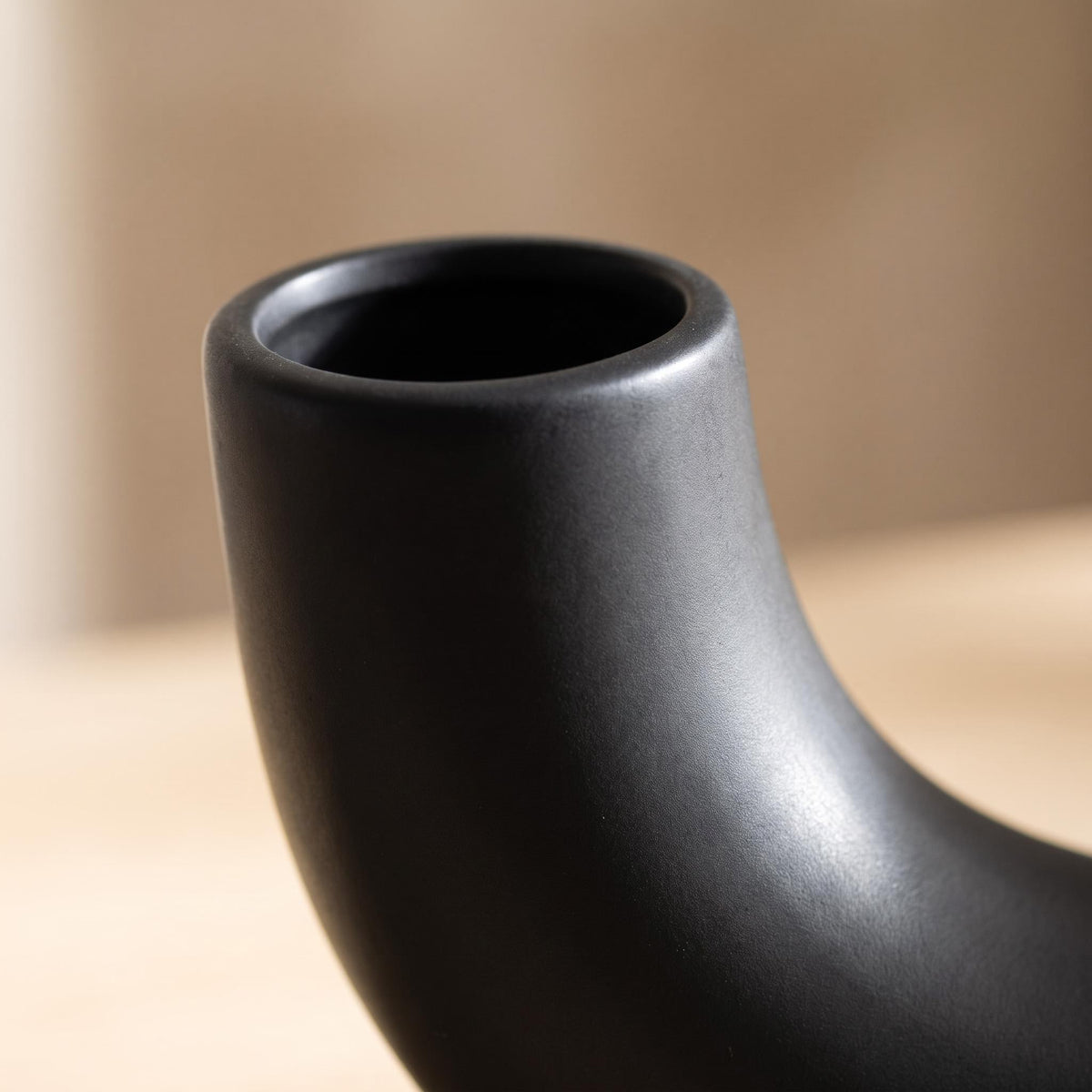 Close-up of one open mouth and the curve of the tube on the Doven vase