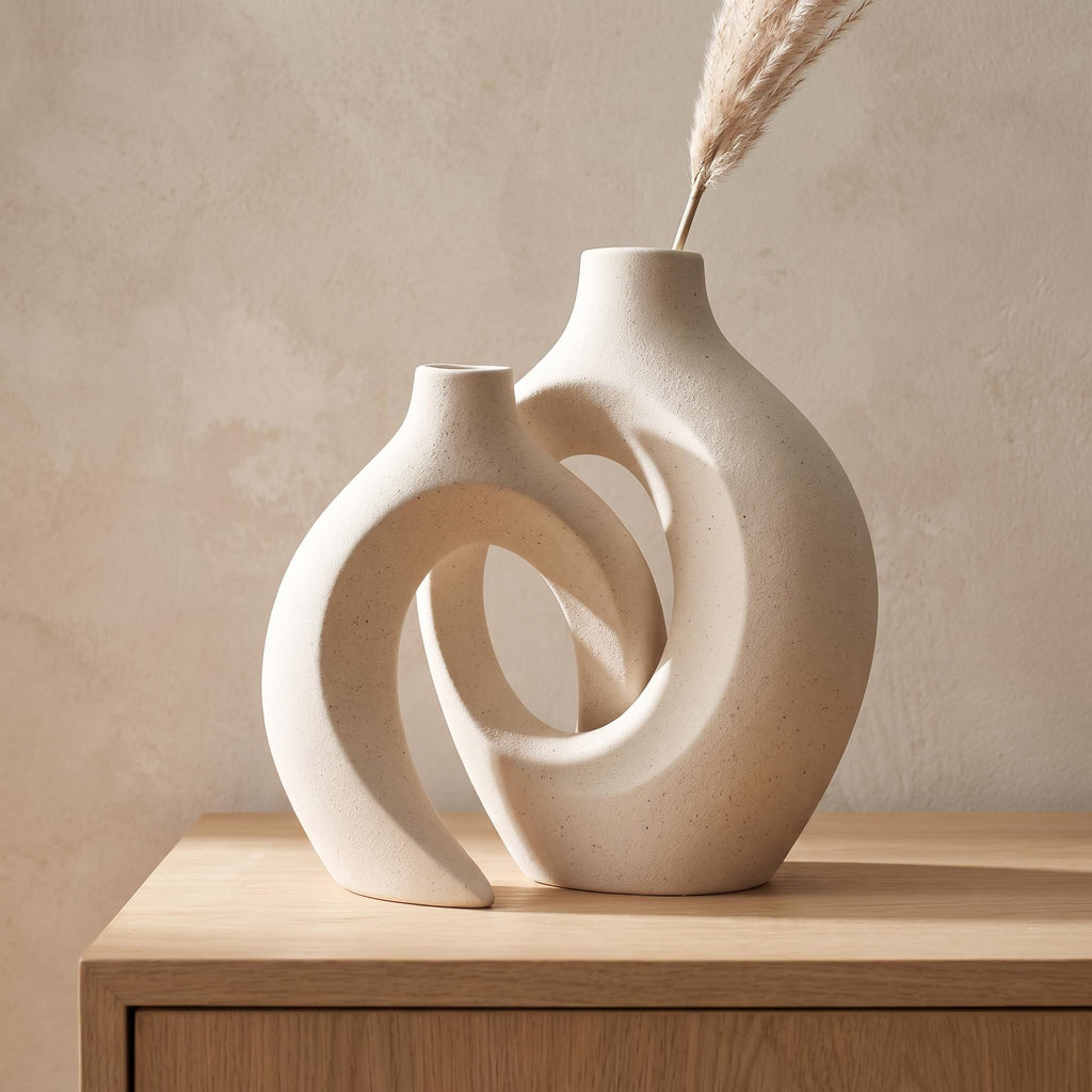 Lazo interlocking ceramic vases in white on an oak sideboard