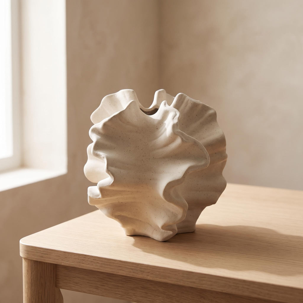 Jarrón de cerámica Sorel color hueso con forma de coral sobre una mesa auxiliar de roble