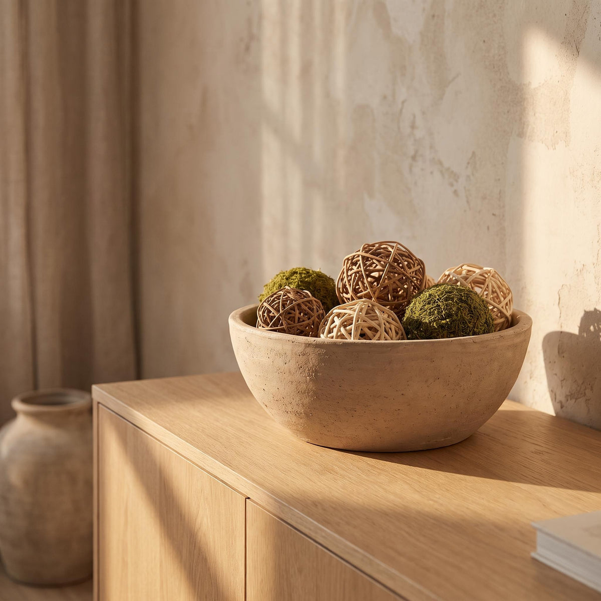 Cálida bowl on a sideboard holding rattan balls and dried moss spheres