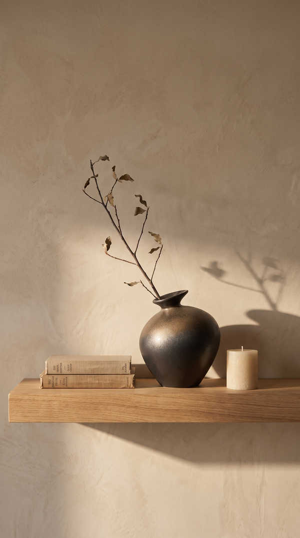 Sumi vase on an oak shelf, Mokay Labs on Instagram