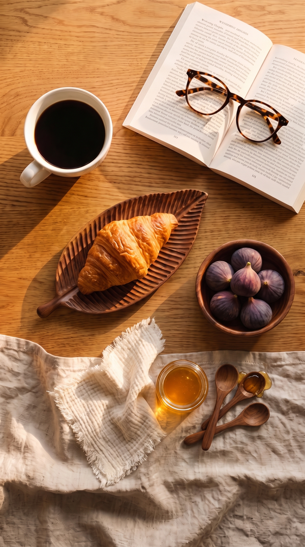 Folha leaf tray, Barca walnut bowl, Gasa napkin and Cuchar spoons on a breakfast table, Mokay Labs on Instagram