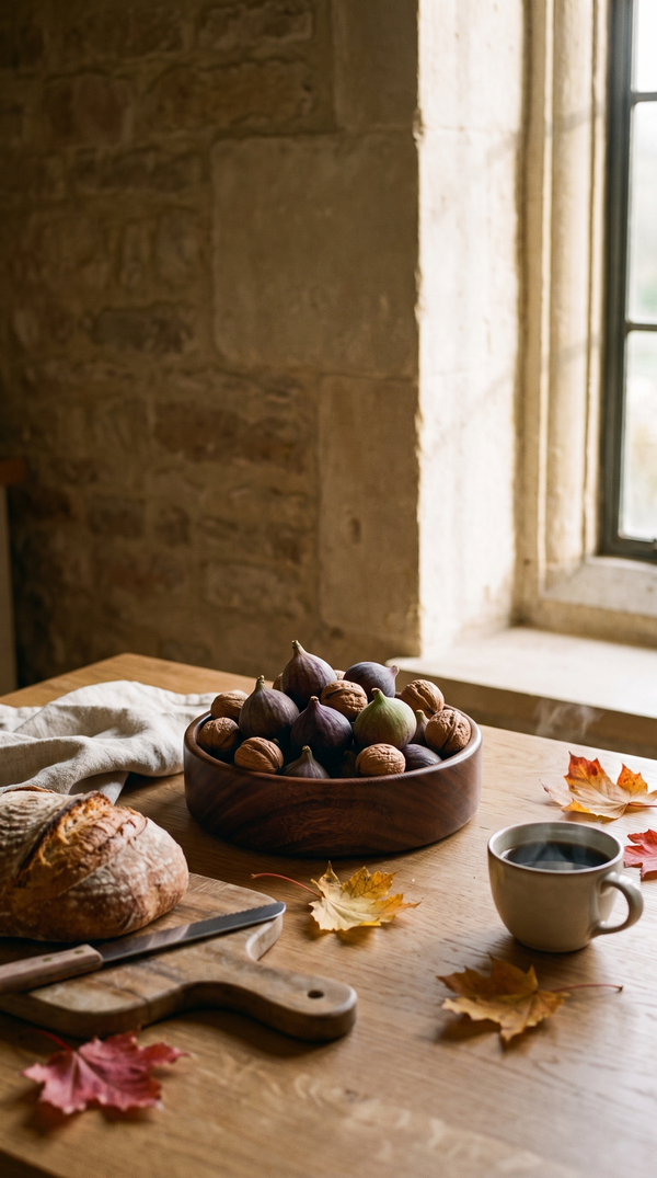 Barca walnut bowl with figs on a kitchen table, Mokay Labs on Instagram